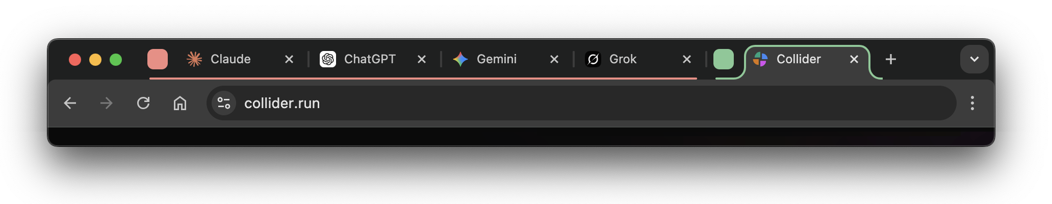 Four browser tabs (ChatGPT, Claude, Gemini, Grok) collapsing into one Collider thread